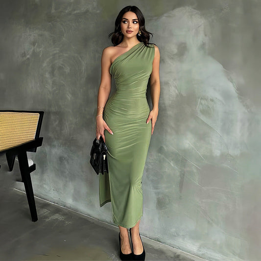 One-Shoulder Pleated Slit Dress | Ideal for Spring and Summer