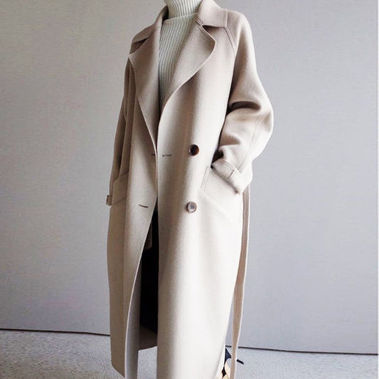 Mid-Length Double-Sided Woolen Coat with Waist Belt | Ideal for Autumn and Winter