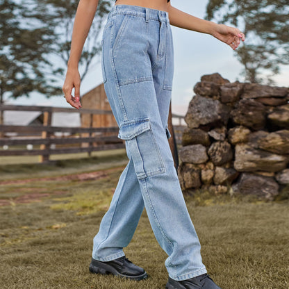 Retro Washed Straight-Leg Jeans with Half Elastic Waist | Ideal for All Seasons