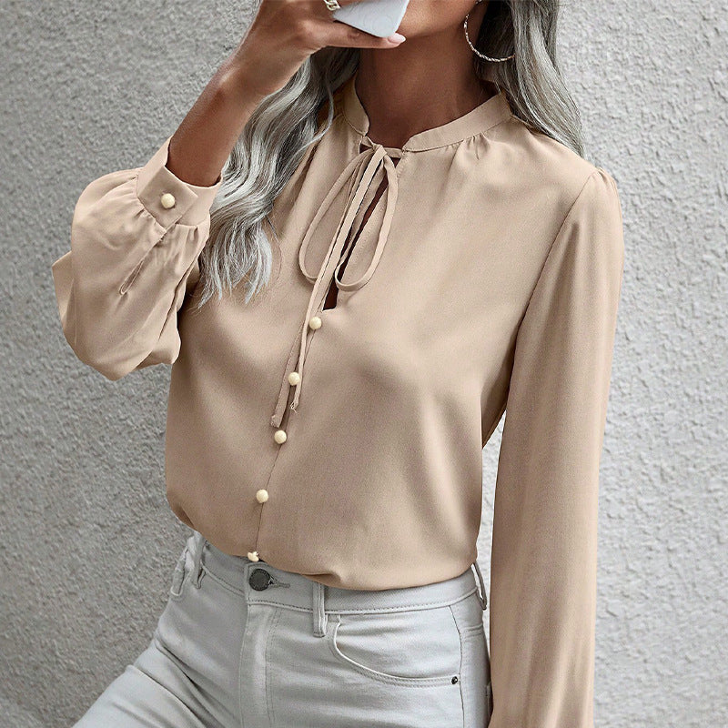 Lace-Up Collar Long-Sleeve Buttoned Shirt | Ideal for Spring & Fall