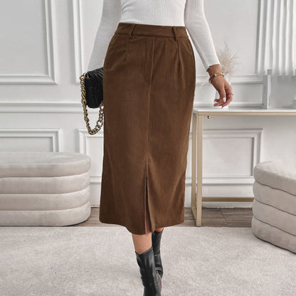 Corduroy High Waist Split Mid-Length Skirt | Ideal for Autumn and Winter