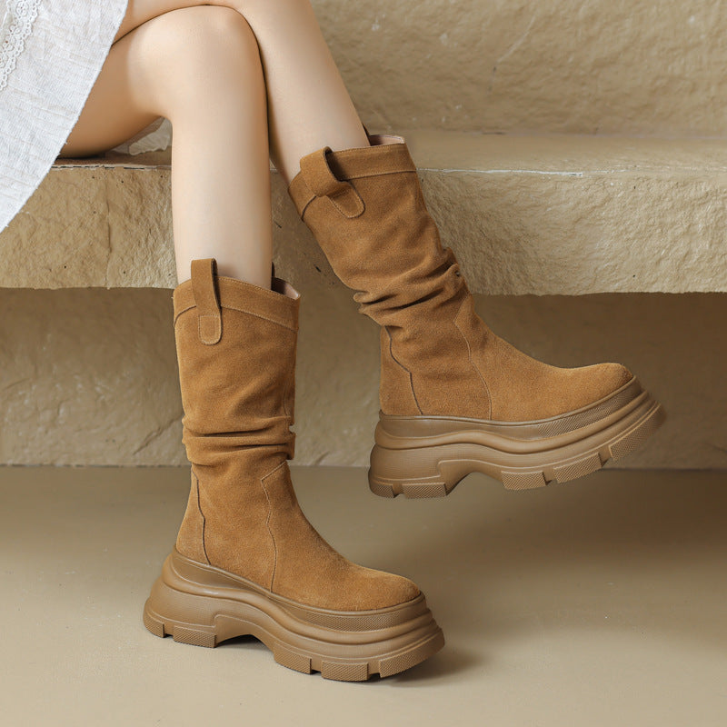 Thick-Soled Round-Toe Suede Boots | Ideal for Winter