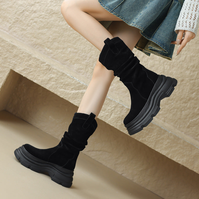 Thick-Soled Round-Toe Suede Boots | Ideal for Winter