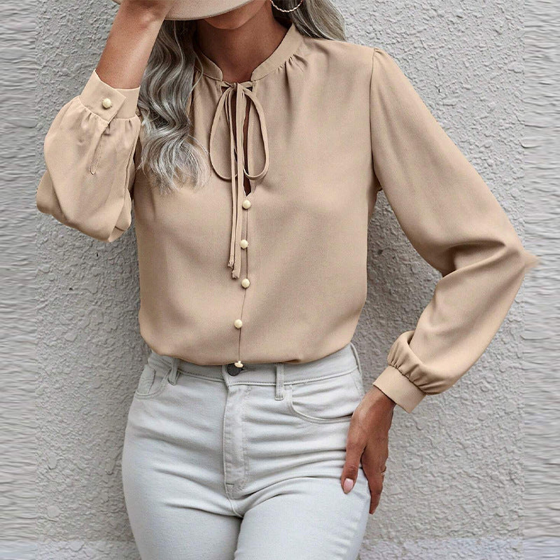 Lace-Up Collar Long-Sleeve Buttoned Shirt | Ideal for Spring & Fall