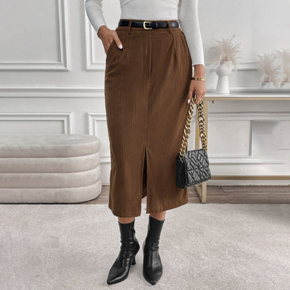 Corduroy High Waist Split Mid-Length Skirt | Ideal for Autumn and Winter