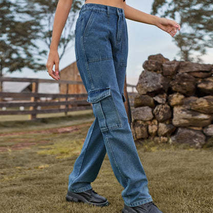 Retro Washed Straight-Leg Jeans with Half Elastic Waist | Ideal for All Seasons