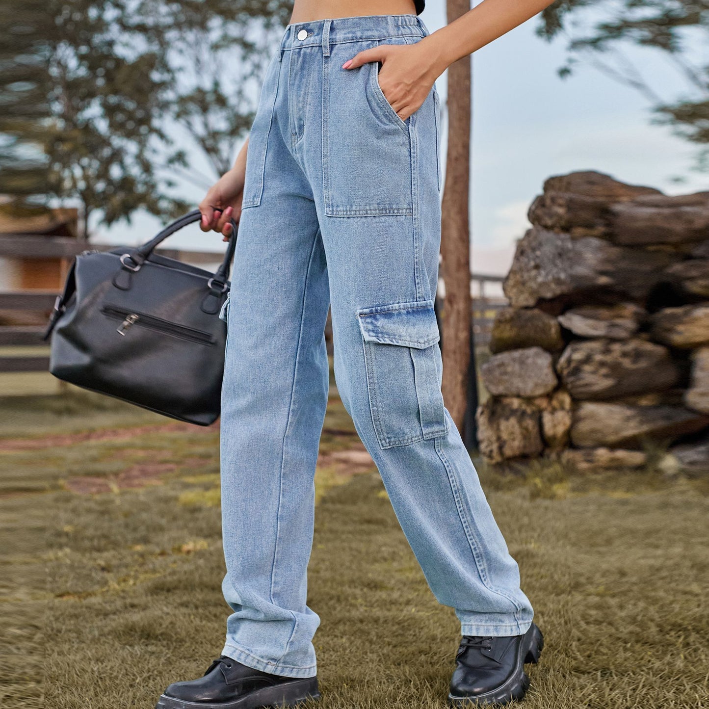 Retro Washed Straight-Leg Jeans with Half Elastic Waist | Ideal for All Seasons