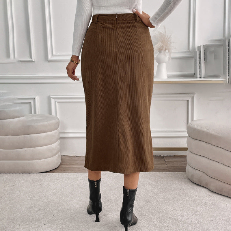 Corduroy High Waist Split Mid-Length Skirt | Ideal for Autumn and Winter