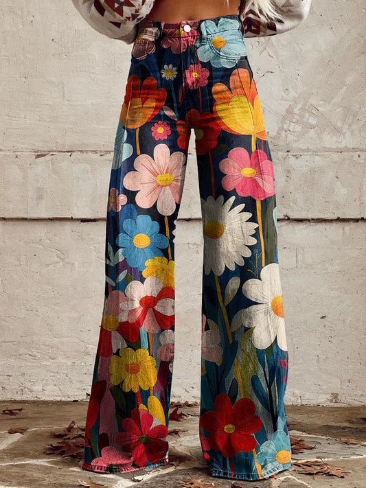 High-Waisted Wide-Leg Floral Denim Pants | Ideal for Spring and Summer